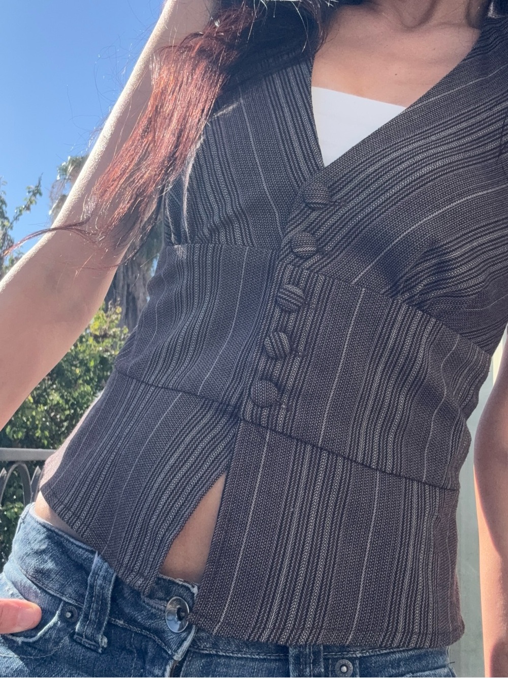 Striped Button-Front Sleeveless Top in Dark Charcoal